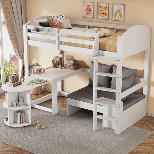 Multifunktionales Kinderbett 90x200cm, Etagenbett Hochbett mit ausziehbarem Tisch, Sofa mit Stauraum, Sitzkissen, Kissen und Lagerregale, Stockbett Kinderhochbett Jugendhochbett, Ohne Matratze, Weiß