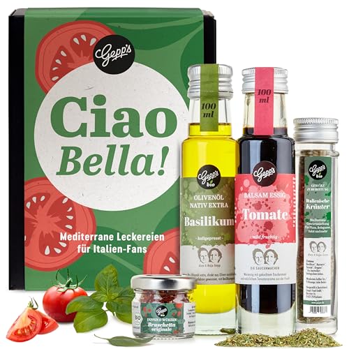 Gepp’s Feinkost Geschenkset Italien I Geschenbox mit italienischen Delikatessen wie Bio-Olivenöl Basilikum, Bruschetta-Dip, italienisches Gewürz I Feines Gourmet-Geschenk