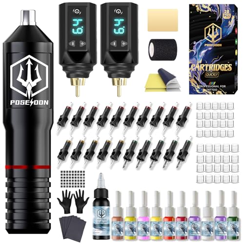 POSEIDON Tattoo Pen Set Kabellos, Tattoo Maschine Komplettset für Anfänger