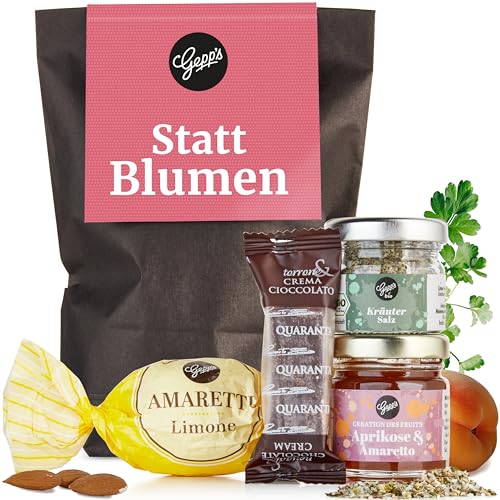 Gepp’s Feinkost Wundertüte Statt Blumen I Geschenkbox als Dankeschön, Geburtstag Mitbringsel für Kollegen I Kleines Geschenkset mit Kräutersalz, Konfitüre, Pralinen I Geschenkidee für jeden Anlass