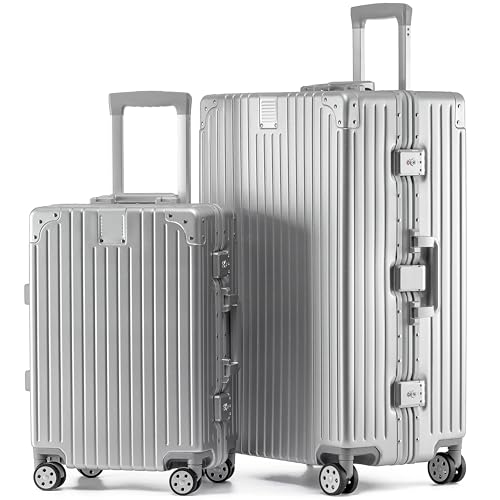 KOFA Zurich Kofferset 2 Teilig, M-55cm & XL-75cm Alu-Rahmen & Polycarbonat-Hartschale, Carry-on + Check-in Koffer, Reisekoffer Spinner mit 4 Rollen und doppelte TSA Schloss 35L + 94L (Silber)