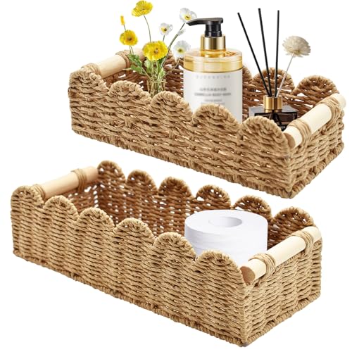 Yiomxhi 2 Stück Aufbewahrungskorb Geflochten mit Holz Griffen, Toilettenpapier Aufbewahrung Körbe Regalkörbe Dekor Flechtkorb für Küche Bad Kinderzimmer Küche Büro (Braun)