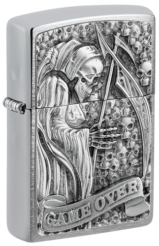 Zippo Sturmfeuerzeug - Reaper Game Over 3D, Brushed Chrome, Emblem - Nachfüllbar - Wiederverwendbar - Windfestes Design - Geschenkbox - Made in USA