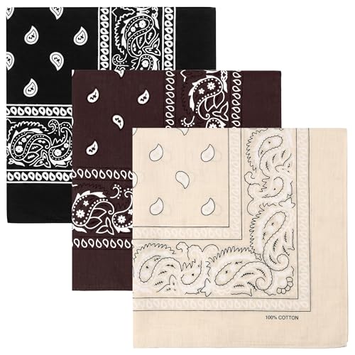 KU 3 Stück 100% Baumwoll Bandanas - Paisley Bandana Damen Herren Kopftuch Tuch in Braun, Khaki, Schwarz für Mundschutz, Sport, Schweißband, Sonnenschutz, Haaraccessoire, Alltag, Reisen
