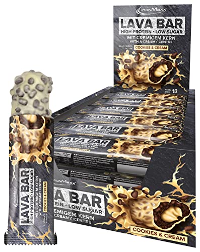 IronMaxx Lava Bar Proteinriegel - Cookies and Cream 18 x 40g | High-Protein-Bar mit cremigem Kern und knusprigen Topping | zuckerreduzierter Eiweißriegel palmölfrei und ohne Konservierungsstoffe