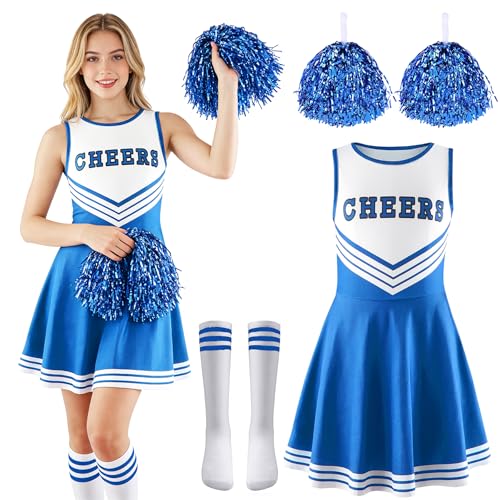 Taechalingo Cheerleader Kostüm Damen,Cheerleadering Outfit,Kostüm Cheerleader,Kostüme für Erwachsene,Cheer Outfit Fasching Party Kostüm Kleid mit Pompoms Stick,Karneval,Mottoparty