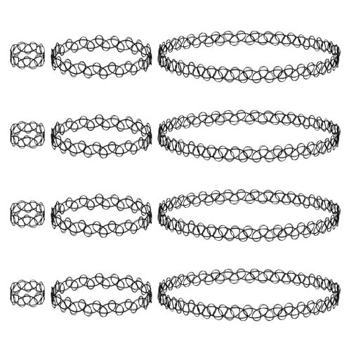 HZXINYI 3 Sets Schwarz Halsketten-Set - 12 Stück Hohlgewebe Halskette & Armband & Ring Choker Sets Stretch Tattoo Halskette Elastische Halsband Gothic Vintage 90er Jahre Stil