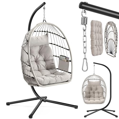 SONGMICS Hängesessel mit Gestell, Hängeschaukel Outdoor, Korbsessel, Korb klappbar und abnehmbar, Hängestuhl höhenverstellbar, Seitentasche, Kissen, Wohnzimmer Garten Balkon, weiß GDC050WZ01