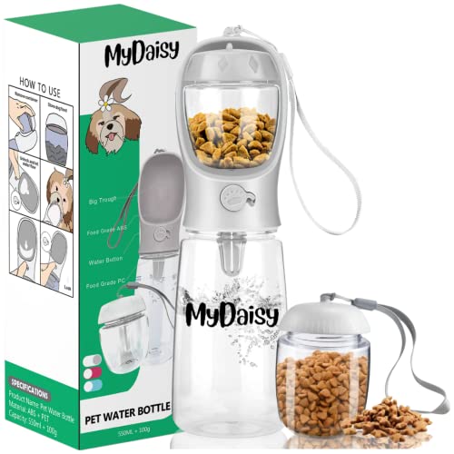 MYDAISY Trinkflasche Hunde für Unterwegs 550ml mit 100g Futterbehälter - Auslaufsichere Hunde Trinkflasche mit Großes Fassungsvermögen Geeignet für Hunde und Welpen Hundezubehör to Go
