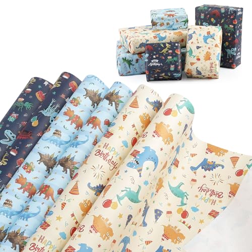 6 Blatt Geschenkpapier, Geschenkpapier Geburtstag mit Dinosaurier Motiv, 70 x 50 cm Wrapping Paper Kinder für Geburtstage, Babypartys, Hochzeiten, Weihnachten, Dino Geschenkverpackung