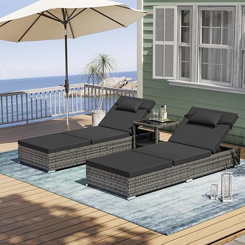 UDPATIO Sonnenliege 2 Personen Set, 3er Gartenmöbel Lounge Set Outdoor inkl. 2 Polyrattan Gartenliegen Wetterfest & 1 Tisch, Sonnenliegen Set für Garten, Terrasse, Balkon (Grau-meliert & Grau Bezüge)