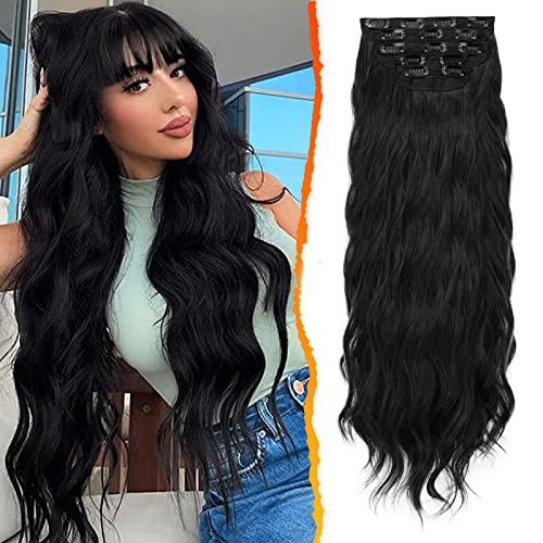 BARSDAR Clip in Extensions, 5 PCS Lange Wellige Clip in Haarverlängerungen Dickes Natürliches Weiches Synthetisches Haarteil Für Frauen Mädchen -50 cm, Natürliches Schwarz