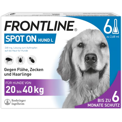 FRONTLINE Spot ON Hund L gegen Zecken, Flöhe & Haarlinge (große Hunde 20 bis 40 kg) - 6X Pipetten für bis zu 6 Monate Schutz - wasserfest