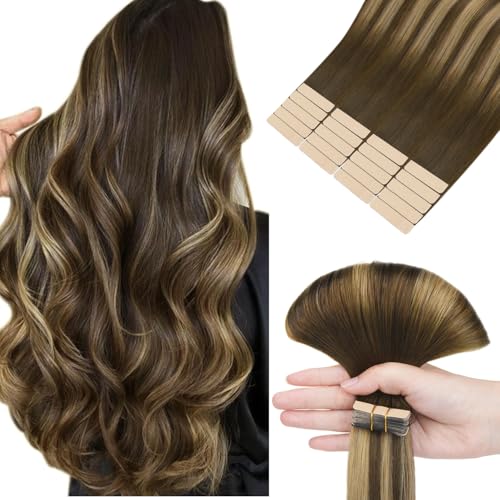 hotbanana Tape in Extensions Echthaar, 35cm Tape Extensions Echthaar 14 Zoll 20 Stück 50g Balayage Schokoladenbraun bis Karamellblond Echthaar Extensions Tape Gerade Remy Echthaar Tape Extensions
