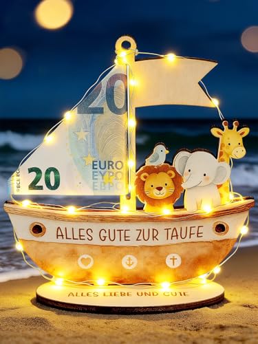 Taufgeschenke für Mädchen Jungen, Geldgeschenk Taufe mit LED Lichterkette, Holz Arche Geschenk Taufe Patenkind, Sinnvolle Geschenke zur Taufe