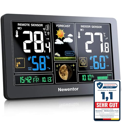 Newentor Wetterstation Funk mit Außensensor - Funkwetterstation mit Wettervorhersage, Temperaturwarnung, DCF Funkuhr - Batteriebetrieb und Netzbetrieb, Weiß, 1 Außensensoren