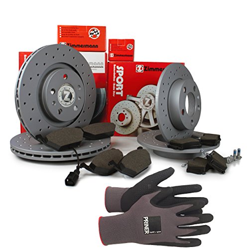 Inspektionspaket Zimmermann Sport Bremsen Set inkl. Bremsscheiben und Bremsbeläge für vorne und hinten enthalten, 100% passend für Ihr Fahrzeug, inkl. Priner Montagehandschuhe, AN127