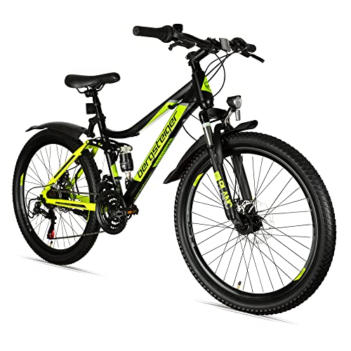 Bergsteiger Broome 24 Zoll Kinderfahrrad, 21 Gang-Schaltung, StVZO, Mountainbike mit Vollfederung, Scheibenbremsen & Dynamo-Licht, geeignet für 8, 9, 10, 11, 12, 13 Jahre, Jungen & Mädchen