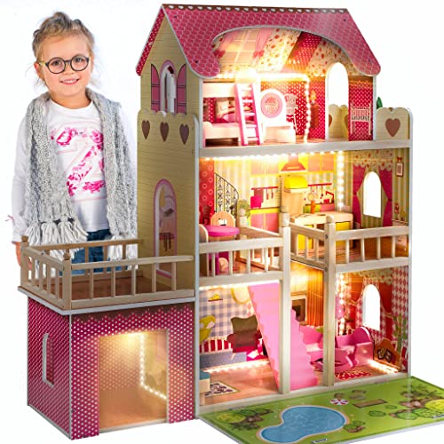 Kinderplay Puppenhaus aus Holz – Große 3‑Etagen‑Villa mit Garage & Garten – LED-Licht, 17 Möbel – Für Kinder ab 3 Jahren, Puppen bis 30 cm – 90 cm hoch
