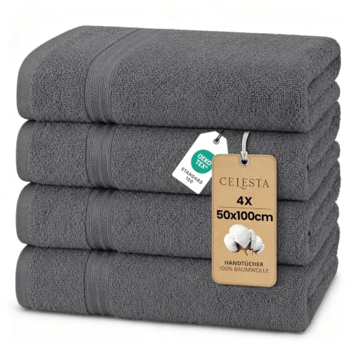 CELESTA Handtücher 50x100 cm, 4er-Set 100% Baumwolle Frottee, Dunkelgrau