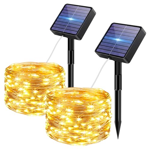 Bitjam 2 Stück Solar Lichterkette Aussen, 5+2 M 50 LED Lichterketten Solar Draußen 8 Modi IP65 Wasserdicht Solarlichterkette Außen Wetterfest mit Speicherfunktion für Zaun Garten Balkon Deko, Warmweiß