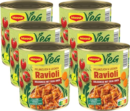 MAGGI Veg Ravioli Bolognese, leckeres Fertiggericht mit Soja-Hack gefüllten Nudeln und Sauce, vegan, 6er Pack (6 x 800g)