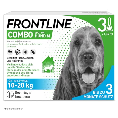 FRONTLINE Combo Hund M gegen Zecken, Flöhe & Haarlinge (10 bis 20 kg) - 3X Pipetten für bis zu 3 Monate Schutz - auch gegen Floheier, Larven & Puppen im Haushalt - wasserfest