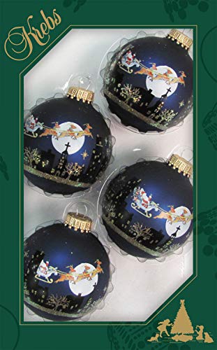 Dekohelden24 Lauschaer Christbaumschmuck - 4er Set Kugeln in Blau Matte mit Weihnachtsszene, 7 cm, mit goldenem Krönchen