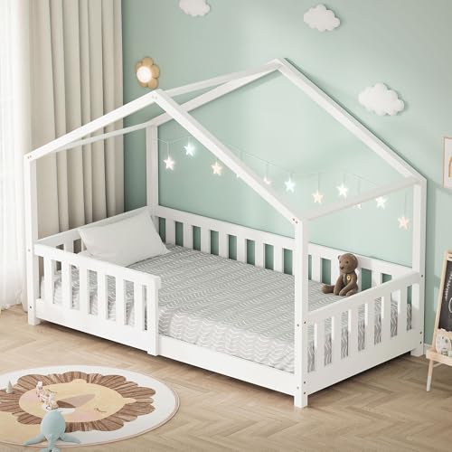 ML-Design Kinderbett Hausbett 80x160 cm Weiß, Holzbett mit Rausfallschutz, Lattenrost und Dach, Spielbett aus massivem Kiefernholz für Kinder, Montessori Bodenbett Bettgestell Bettenhaus Juniorbett