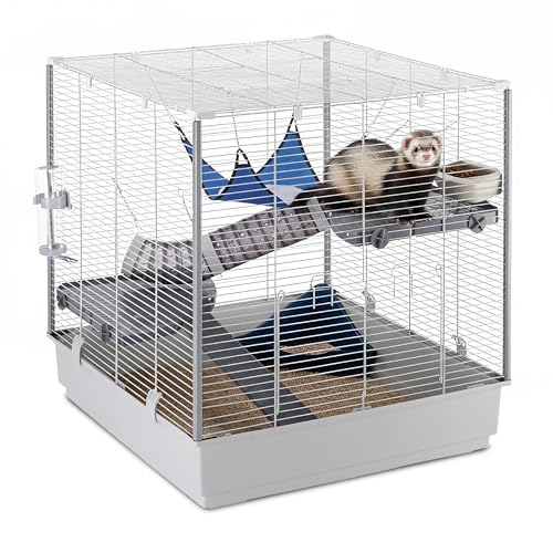 Ferplast Großes Frettchenheim FURET XL, DREI Ebenen mit Hängemattenzubehör und Röhren für Frettchen, grau lackiertes Metallgitter mit Ecksäulen und Kunststoffboden, 80 x 75 x H 86,5 cm