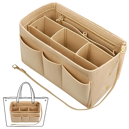 Fentar Handtaschen Organizer, Filz Taschenorganizer mit Mehrere Fächer, Organizer Tasche, Langlebig Taschenorganizer Shopper mit Reißverschluss, Innentaschen für Handtaschen (30x17x16cm, Beige)
