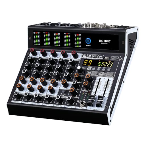 BOMGE Professioneller Audio-Mixer, 6-K-Mischpult mit 99 DSP-Effekt, +48 V Phantom, Bluetooth, USB-Schnittstelle. 2 AUX.FX-Prozessor für Studioaufnahmen und Live-Auftritte
