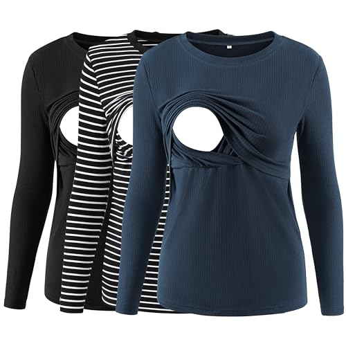 Love2Mi 3er Pack Damen Stillshirt Gerippte Langarm stilltops Doppellagige Umstandsmode Tshirt Umstandskleidung