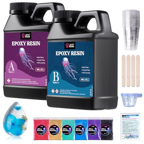 LET'S RESIN 1000ml Epoxidharz Set, Blasenfreies Gießharz Set, 1:1 nach Volumen, Transparent Epoxidharz mit Härter für Kunstwerke Gießharz, Schmuck, Formen Silikon, Tischplatte, Hitze- & UV-Beständig