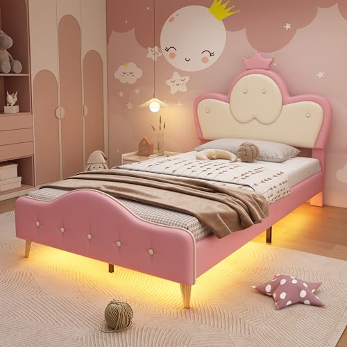Merax Kinderbett Polsterbett 90x200cm mit LED-Streifen, Mädchen Einzelbett, Kopfteil in Wellenform mit Krone, Bettgestell mit Lattenrost und Fußteil, Jugendbett, PU, ohne Matratze, Rosa & Weiß