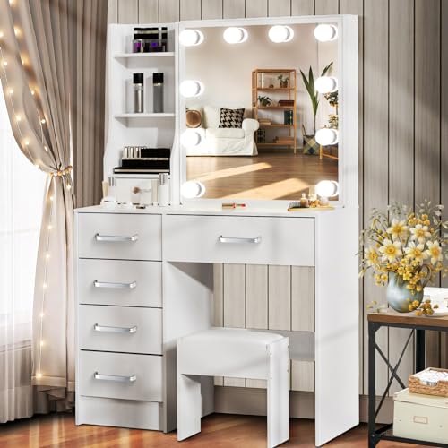 Saimeihome Schminktisch mit LED-Beleuchtung & Hocker – Kosmetiktisch mit 5 Schubladen & Schiebespiegel (80x34x130cm, Weiß) – Make-up Tisch für Schlafzimmer Kinderzimmer