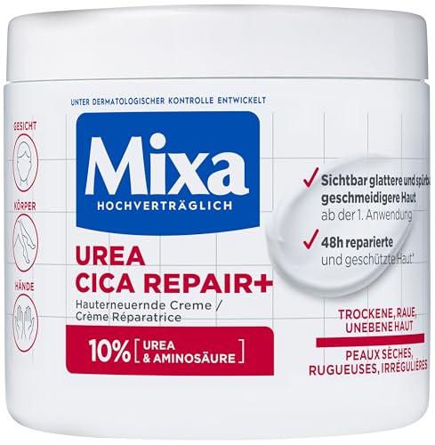 Mixa Cica Repair+ Hauterneuernde Creme mit 10% Urea und Aminosäuren, Urea Creme für trockene, raue und unebene Haut an Körper, Gesicht und Händen, 1x 400ml