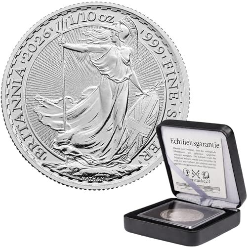 Silbermünze Britannia | Aktueller Jahrgang | Feinsilber 999 | In Münzkapsel & schwarzem Etui | Inkl. Grußkarte und Echtheitsgarantie (1/10 oz)