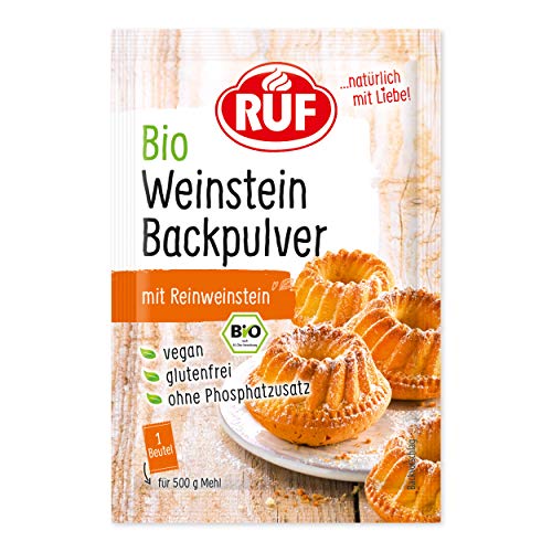 RUF Bio Weinstein-Backpulver, ohne Phosphatzusatz, Backtriebmittel zum Backen von Kuchen, Torten, Muffins und Cupcakes, glutenfrei und vegan, 3 x 20g