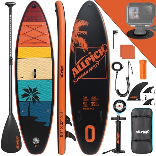 ALLPICK Premium SUP Board Set, Stand Up Paddling Board Aufblasbar, Mit Universal Kamerahalterung, Komplettes Zubehör, Verstellbares Paddel, Anfänger und Fortgeschrittene, 150kg/180kg, OrangeAbendröte