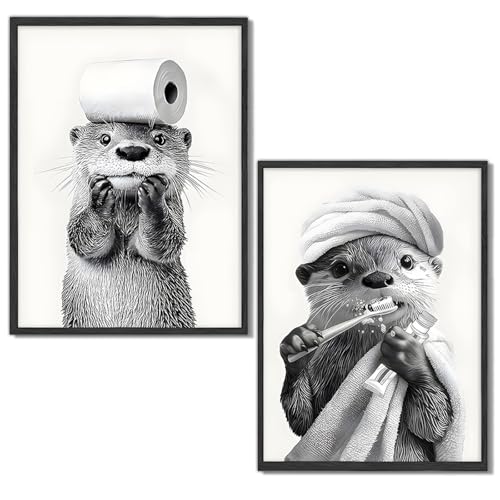 Cunegra 2 Stück Otter Bild Badezimmer Deko, Witzige Bilder Badezimmer, Bad Bilder Otter Poster, Witziges WC Deko Wandbilder, Wc Bild für Humor im Bad, Tierbild für Toilette, Ohne Rahmen, 20 X 30 cm