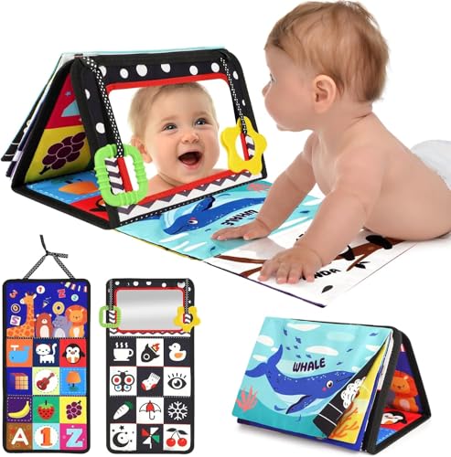 URMYWO Baby Spielzeug ab 3 Monate, babyspiegel mit Knisterbuch, Schwarz Weiss bauchlage Spielzeug Baby 0 3 6 9 Monate, kontrastbuch, Geschenk für Neugeborene Weihnachten Jungen Mädchen