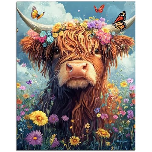 Qiukoo Malen nach Zahlen Erwachsene Hochlandrind - 40x50cm | DIY Handgemalt Ölgemälde Kit - Paint by Numbers Adult Mit 4 Pinseln und Acrylfarbe für Home Wand Dekor, Geschenk