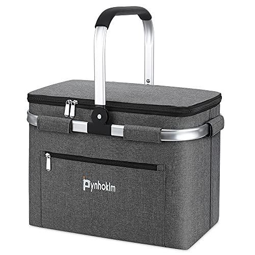 30L Kühlkorb Einkaufskorb mit Seitenstütze isolierte Tragekorb Faltbar Picknickkorb mit Deckel Thermotasche Thermokorb mit Alurahmen Stabiler Korb-für Reisen/Picknick/Einkaufen