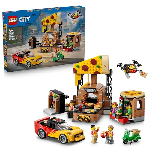 LEGO City Pizza-Liefererlebnis mit Fahrzeugen - inkl. Spielzeugauto, Roller, Drohne, Arcade-Automat und 4 Minifiguren - Geburtstagsgeschenk für Jungen ab 6 Jahren - 60496