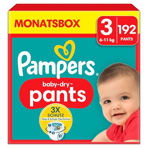 Pampers Windeln Pants Größe 3 Baby-Dry, 192 Windeln, 6kg-11kg, 360° Fit hilft, Auslaufen zu verhindern