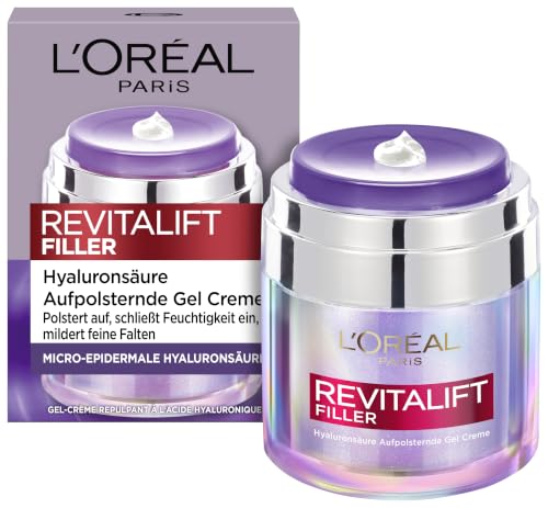 L'Oréal Paris Aufpolsternde Gel-Creme für Frauen: polstert Fältchen intensiv auf mit Hyaluronsäure, Niacinamide, Glycerin und Ceramide, Revitalift Filler, 1x 50ml