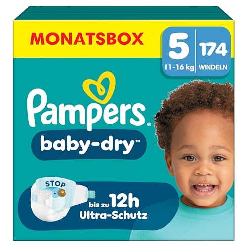 Pampers Baby-Dry Größe 5, 174 Windeln, 11kg-16kg, Bis zu 100% Auslaufschutz & Komfort die ganze Nacht