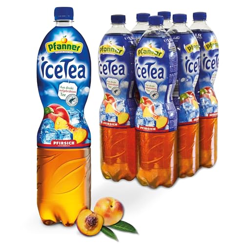 Pfanner Eistee Pfirsich – 6 x 1,5 l Vorratspack - direkt aufgebrühter Tee mit Pfirsichsaft – Ice Tea Flaschen