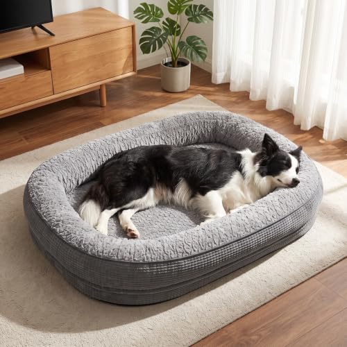 Pawk Orthopädisches Hundebett Mittelgroße Hunde, 89x63cm Vierseitiges Nackenrolle Hundebett Orthopädisch, Memory Foam Hundekorb Wasserdicht rutschfest, Hundebetten Abnehmbar und Waschbar Outdoor, Gris